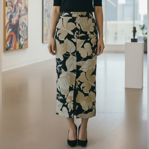 REISS (6) Floral Axelle Midi 100% Linen Skirt Front Slit Black Cream Slim Fit - Picture 2 of 15